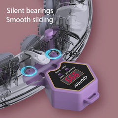 Close-up of a weighted fitness hula hoop's counter module and internal sliding bearings, with text reading Silent bearings Smooth sliding