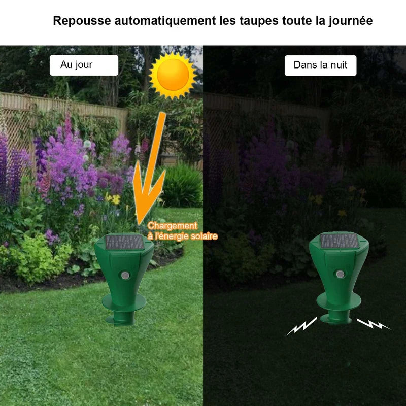 Solar mole repellent working day and night in garden yard