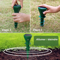 Solar mole repellent stake 2-step installation guide in French, outdoor lawn setup