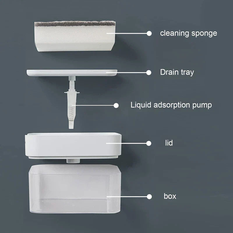 Soap dispensing cleaning brush in use while washing a plate