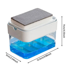 Dish soap pump box with cleaning brush sponge, 12.4x9x11cm, holds blue cleaning liquid inside.