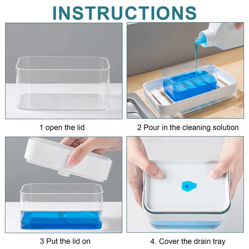 4-step instructions: open lid, pour cleaning solution, fit lid, add drain tray, with cleaning brush setup.