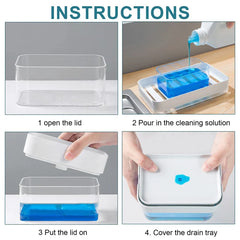 4-step instructions: open lid, pour cleaning solution, fit lid, add drain tray, with cleaning brush setup.