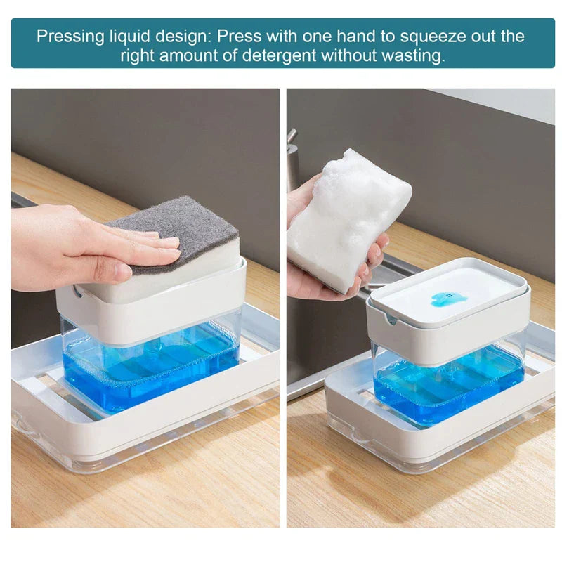 Press top cleaning brush sponge with one hand to dispense just the right amount of detergent, no waste.
