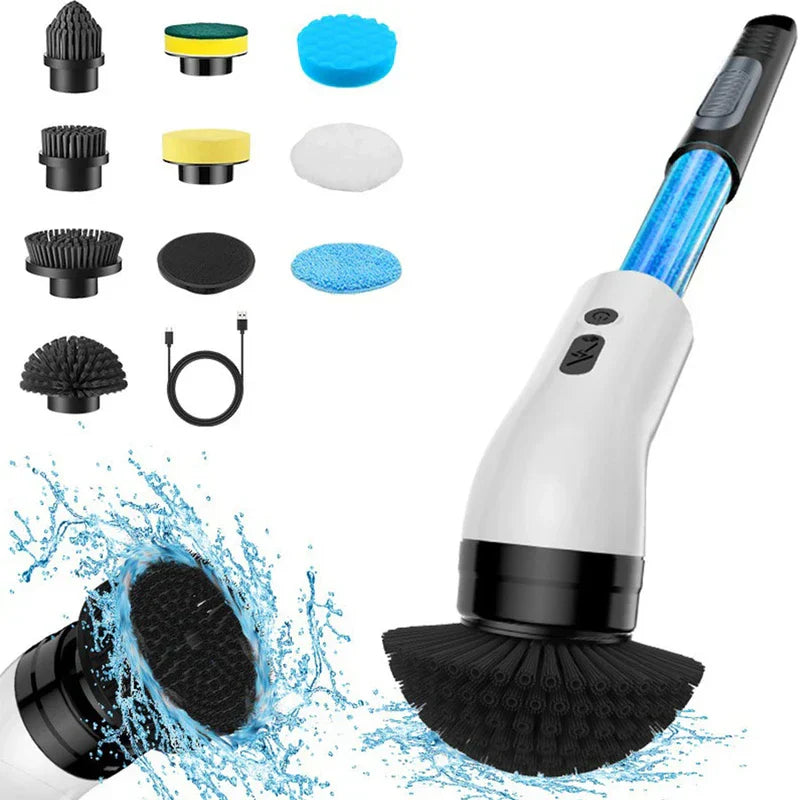 Cleaning scrub brush with ten replacement brush heads and a USB charging cable, with water splashing on a brush head.