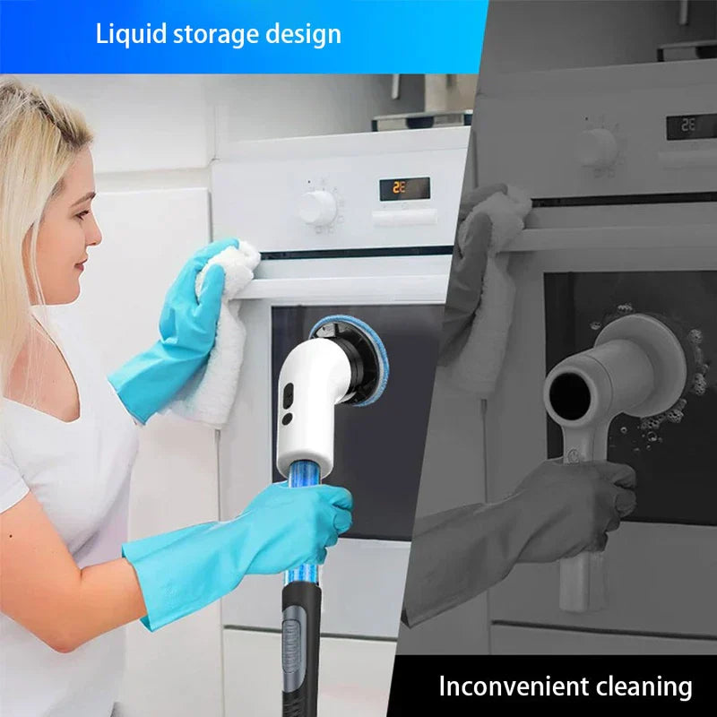 A person uses a cleaning scrub brush to clean an oven door, with a comparison of hand-cleaning on the left side