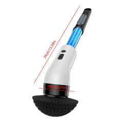 Side view of a cleaning scrub brush with red dimension lines marking 34cm length and 14cm head width on a white background