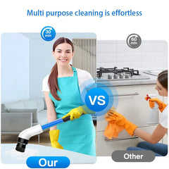 Woman in an apron holding a long-handled cleaning tool, with a side-by-side comparison to a person cleaning by hand