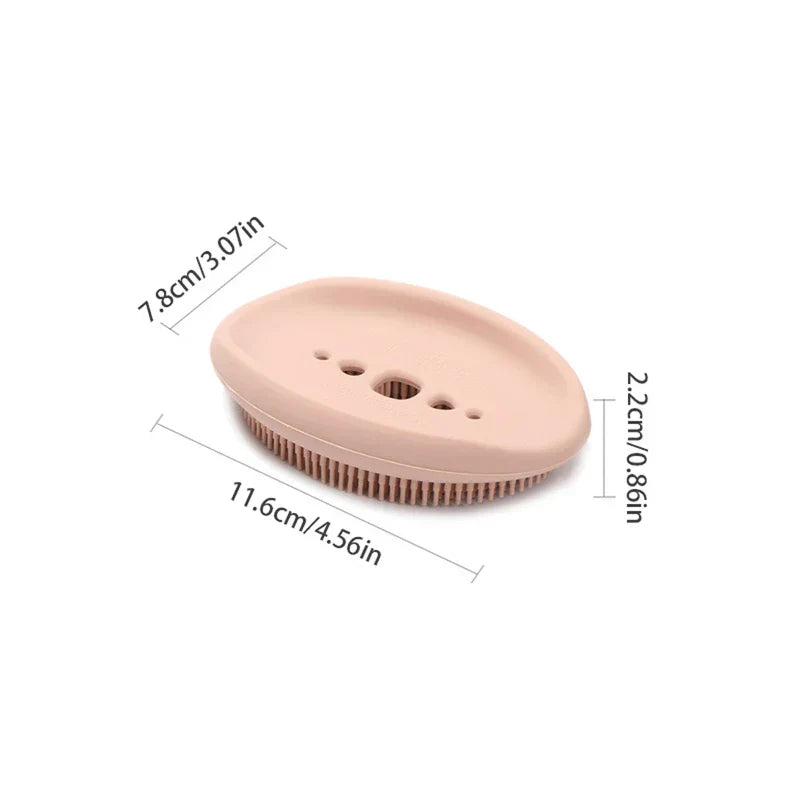 Dish Scrubber Brush - Pink oval silicone brush with drainage holes, shown with length, width, and height measurements.