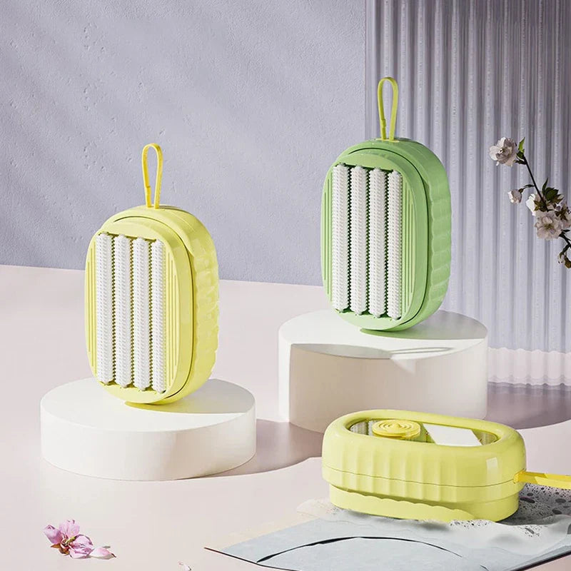 Close-up of soap dispensing laundry scrub brush bristles and reservoir