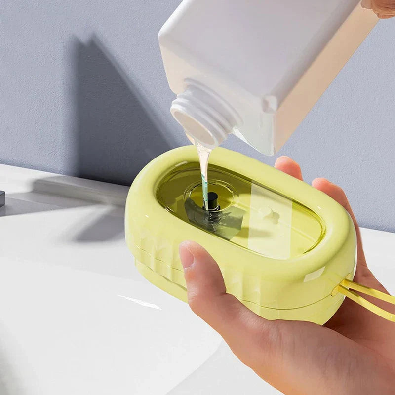 Laundry Scrub Brush - Hand holds a light yellow oval soap dispenser bottle under a tilted plastic bottle pouring clear liquid into its opening.