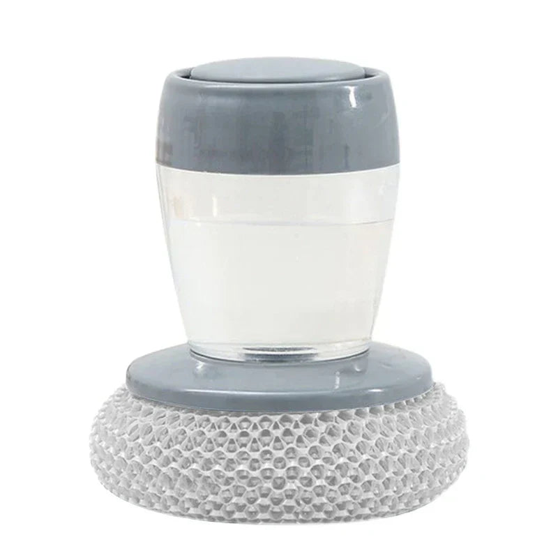 Dish Brush Soap Dispensing - Gray and clear palm-sized scrubber with textured round scrub head