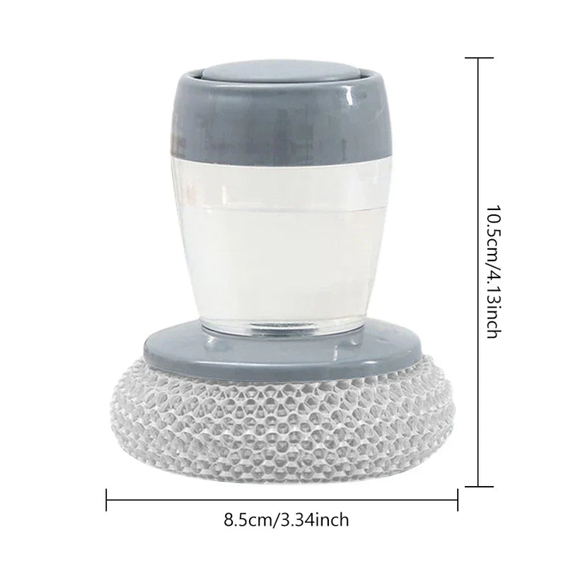 Dish Brush Soap Dispensing - Grey and white soap-dispensing cleaning brush with dimensions labeled, height 10.5cm, base diameter 8.5cm