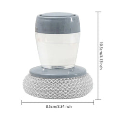 Dish Brush Soap Dispensing - Grey and white soap-dispensing cleaning brush with dimensions labeled, height 10.5cm, base diameter 8.5cm
