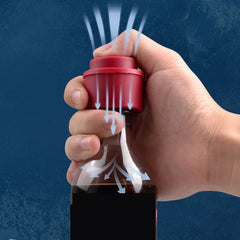 Soda Can Lid - Close-up of a hand pressing a red cap on a glass bottle, with blue airflow arrows showing air moving into the bottle.