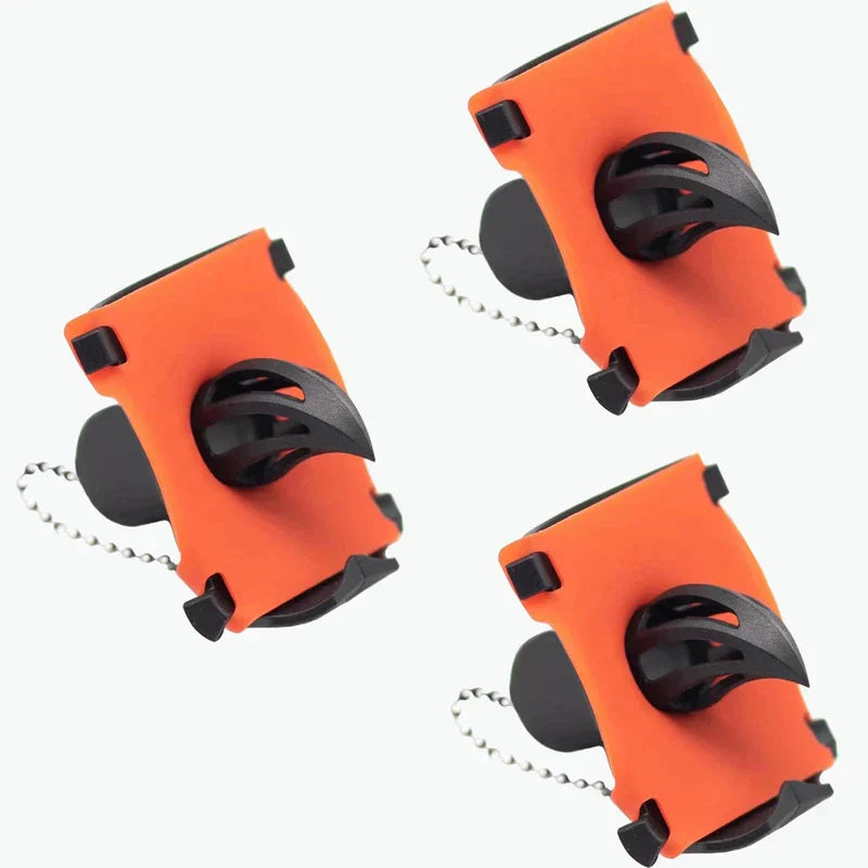 Can Tab Opener - Three identical orange and black can accessories with beaded pull chains, arranged against a plain white background, showing the claw-style top and clip base