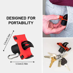 Can Tab Opener - Small portable can tool with keychain, shown in a pants pocket, on a key ring with keys, with 5.5cm/2.16in dimension labels.