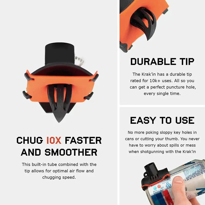 Can Tab Opener - Three-panel infographic showing tool features and use on a beverage can
