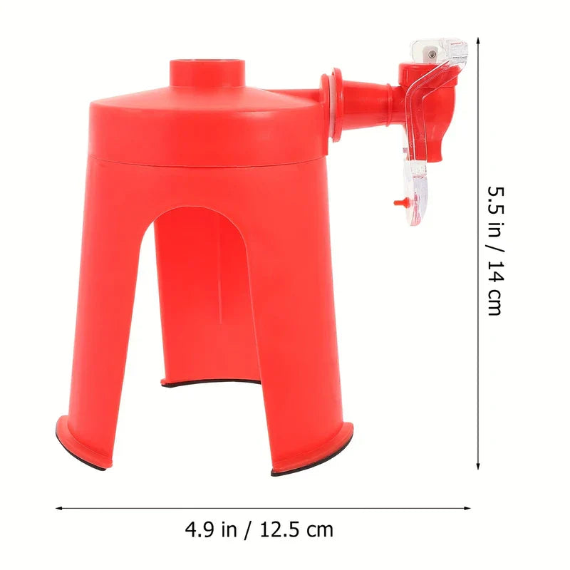 Soda Drink Dispenser - Red plastic beverage dispenser with stand and tap, 5.5 in tall by 4.9 in wide, with dimension labels