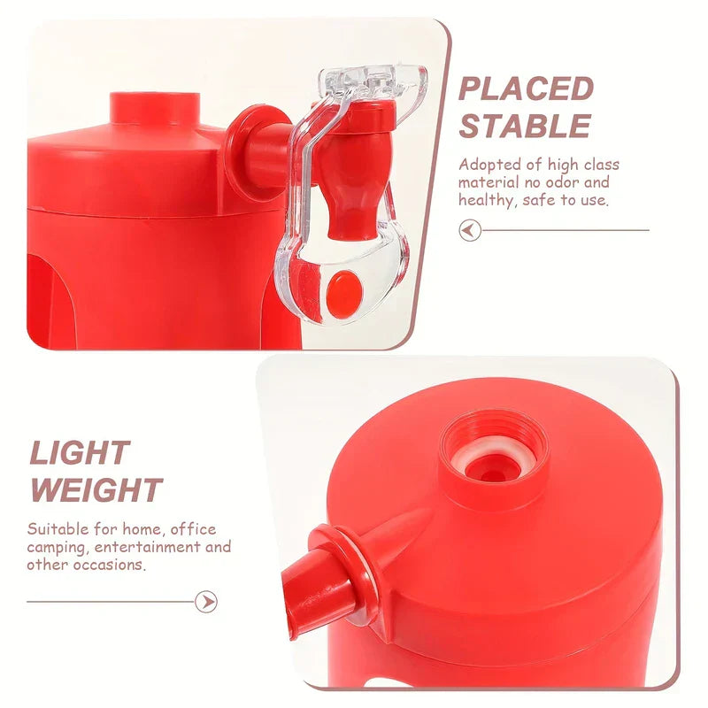 Soda Drink Dispenser - Two close-up views of red beverage dispenser: side view of tap, top view of bottle connection port, with text labels