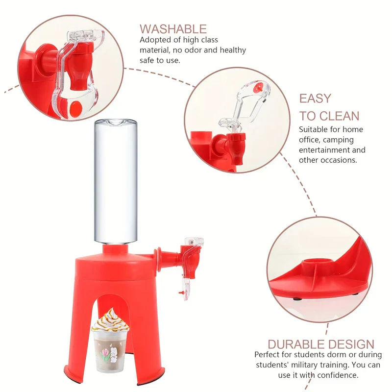 Soda Drink Dispenser - Red beverage dispenser with inverted bottle attached, dispensing into a cup, plus three close-up detail views