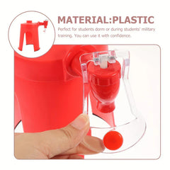 Soda Drink Dispenser - Close-up of hand holding red plastic drink dispenser valve, with text stating material and inset view of full device
