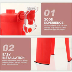 Soda Drink Dispenser - Two-panel feature view: close-up of dispenser valve, numbered points and leg base with non-slip feet
