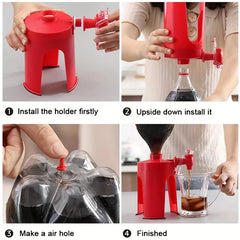 Soda Drink Dispenser - Four-step sequence showing assembly and use of inverted soda bottle drink dispenser pouring cola