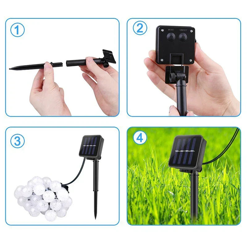 Bubble Ball Lights - Four-step installation guide showing assembly of the stake, attaching the solar panel, connecting the light string, and placing the panel in grass.