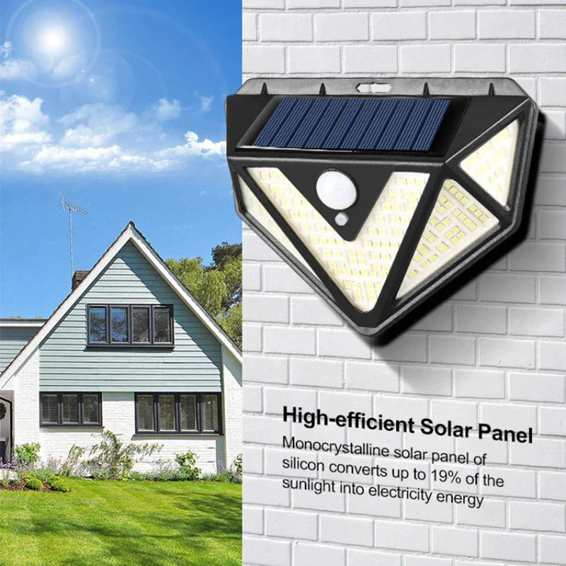 Solar Car Body Motion Sensor Light - Outdoor solar motion light mounted on a white brick wall, with a small house and bright sun in the background, alongside text about the solar panel.