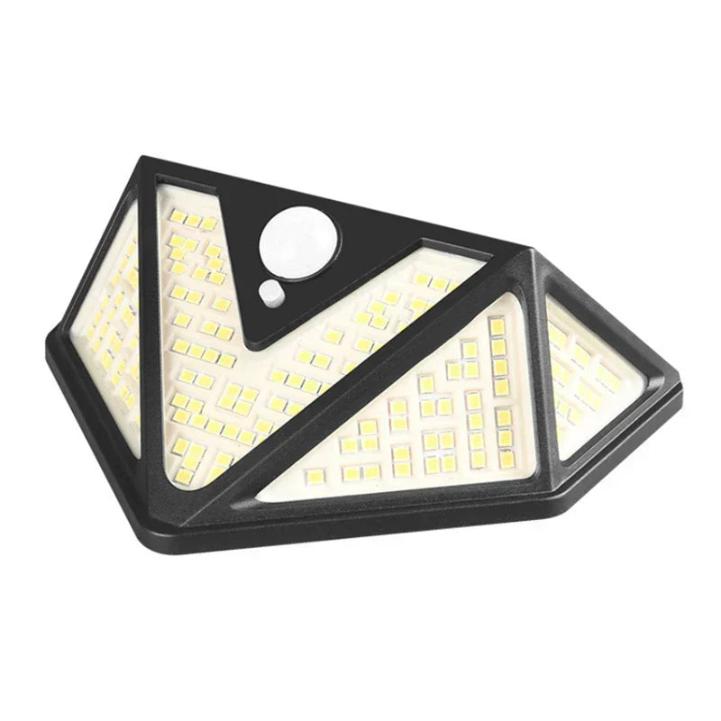 Solar Car Body Motion Sensor Light - Black triangular four-sided outdoor solar wall light with motion sensor and LED arrays on a white background