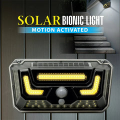 Torch Light - Solar motion-activated outdoor wall light mounted on exterior siding next to stone stairs, with product shown in foreground