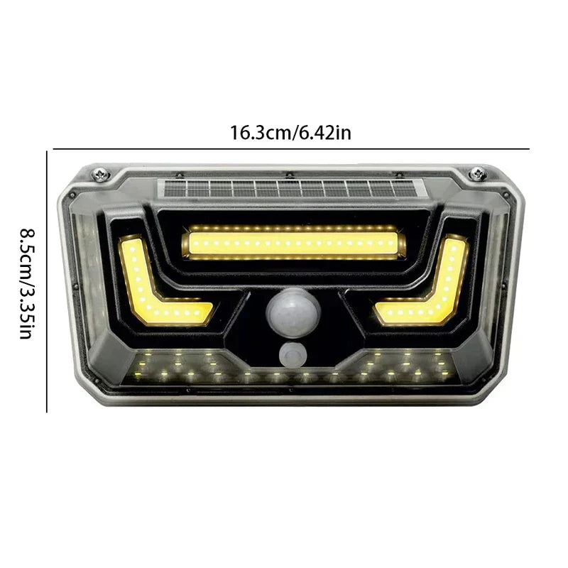 Torch Light - Outdoor solar motion light shown with dimension measurements, 16.3cm wide and 8.5cm tall