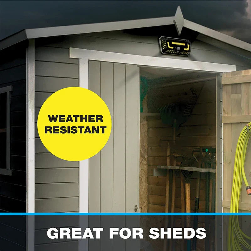 Torch Light - Solar motion light mounted on exterior wall above open garden shed door, with text reading weather resistant and great for sheds.