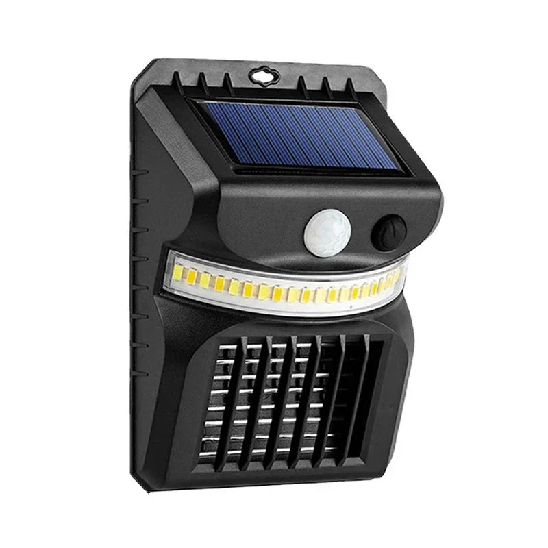 Solar Mosquito Zapper - Black wall-mount pest control unit with top solar panel, motion sensor, LED light strip, and electric zapping grid