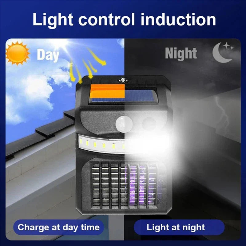 Solar Mosquito Zapper - Split diagram showing daytime solar charging on the left and nighttime LED/zapper operation on the right