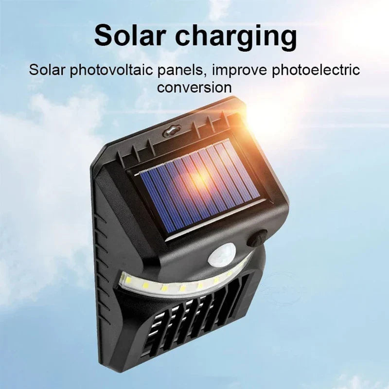 Solar Mosquito Zapper - Black solar device angled toward sunlight, featuring blue solar panel, with text about solar charging and photovoltaic conversion.
