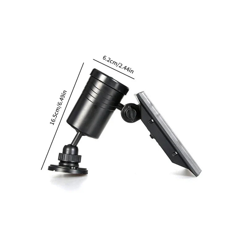 Motion Sensor Light - Black solar spotlight with size measurements marked, showing its mounting base, light body, and attached solar panel.