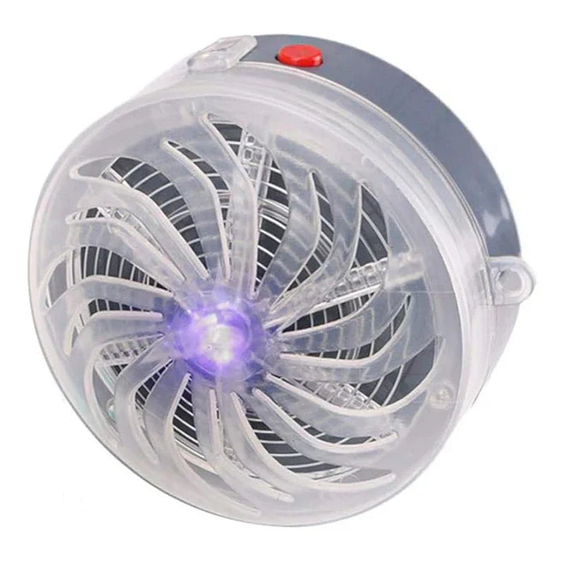 Ultrasonic Animal Repeller - Round device with clear spiral protective grille, illuminated purple center light, gray top panel with red power button and mounting tab
