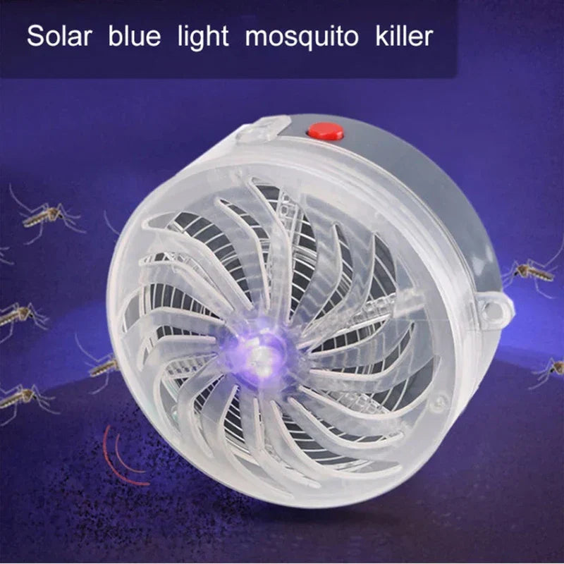 Ultrasonic Animal Repeller - Round device with illuminated purple center light, surrounded by illustrated mosquitoes, labeled as solar blue light pest control unit
