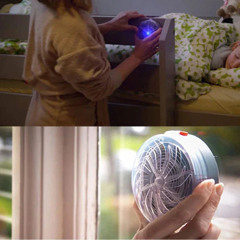 Ultrasonic Animal Repeller - Two-panel image: top shows a person placing a small lit round device on a bed frame beside a sleeping child; bottom shows a hand holding the same unlit device near a window.