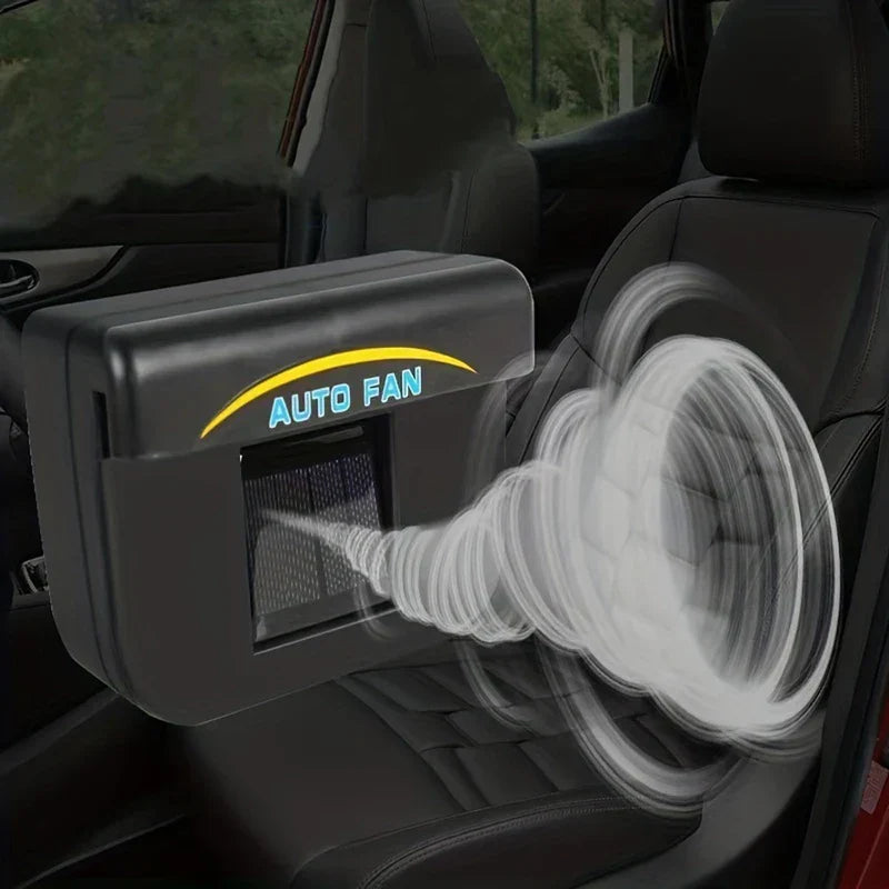 Solarbetriebener Auto-Fensterlüfter auf einem Autositz montiert, mit Luftstrom-Illustration