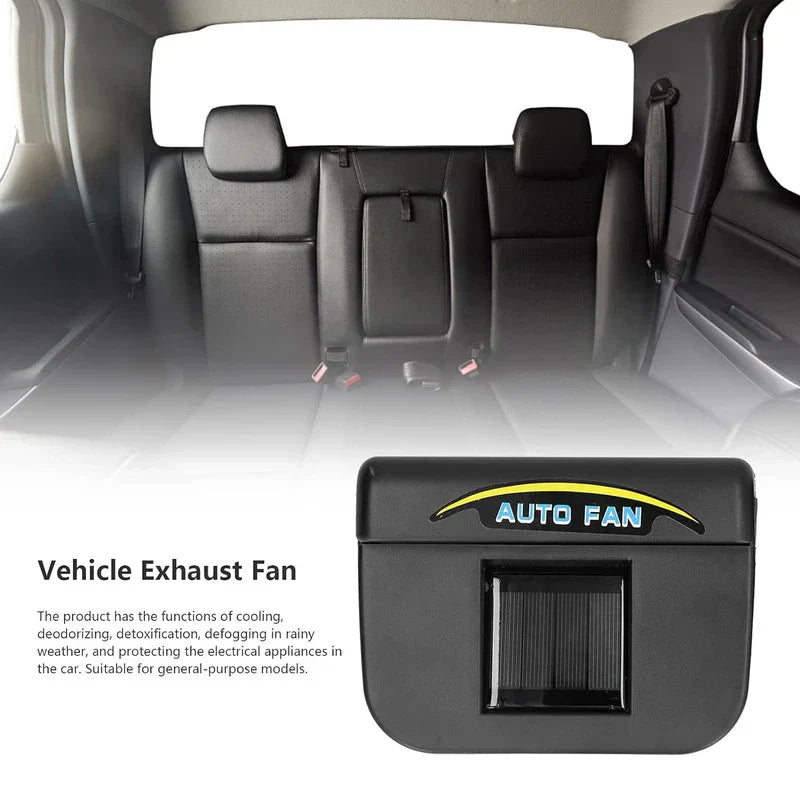 Blick auf den hinteren Innenraum eines Autos neben einem solarbetriebenen Auto-Fensterlüfter, mit beschreibendem Produkttext