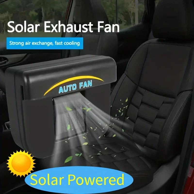ventilador de ventana para auto con energía solar - colocado dentro de un auto, con flujo de aire renderizado soplando hacia un asiento negro; se ven el texto 'Solar Powered' y un gráfico de sol