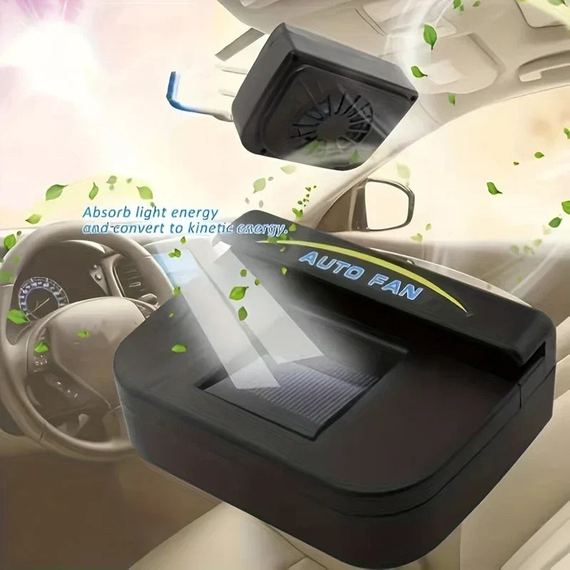 Ein solarbetriebener Auto-Fensterlüfter wird in zwei Ansichten in einem Auto gezeigt, mit dargestellten Blättern und Luftstrom-Visuals. Der Text „Absorb light energy and convert to kinetic energy“ ist eingeblendet