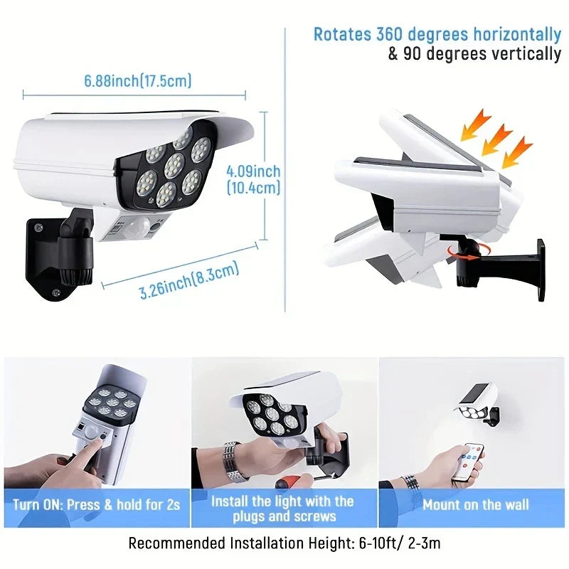 Size diagrams, 360° horizontal and 90° vertical rotation demo, and installation steps for a dummy camera light
