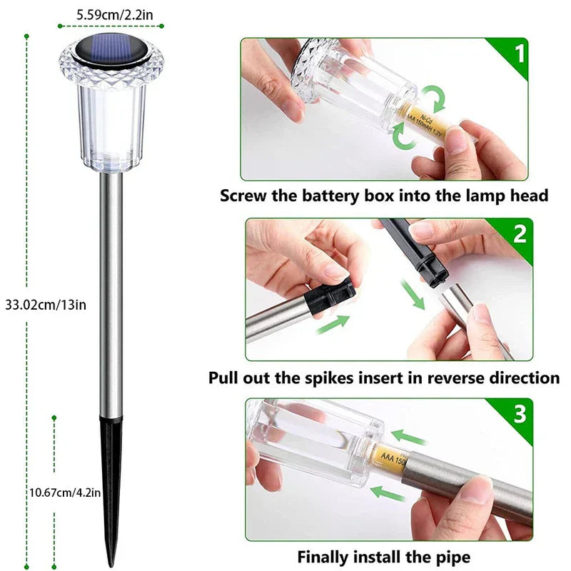 Solar Garden Lights - Diagram of a solar garden light with dimensions, showing three-step assembly instructions with hand close-ups