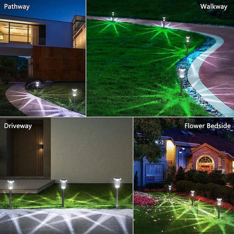 Solar Garden Lights - Four-panel collage showing solar stake lights installed along a path, curved walkway, driveway, and flower bed at night.