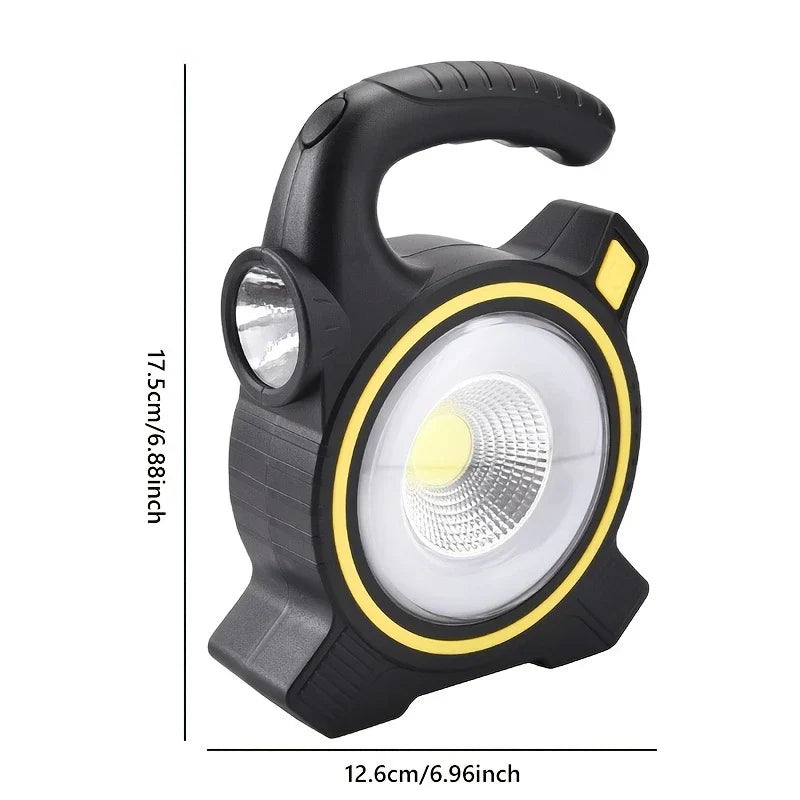 Black and yellow camping lantern with handle and dual light heads, shown with height and width dimensions on white background
