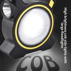 High brightness COB side camping lantern with large floodlight, black with yellow accent ring, shown lit